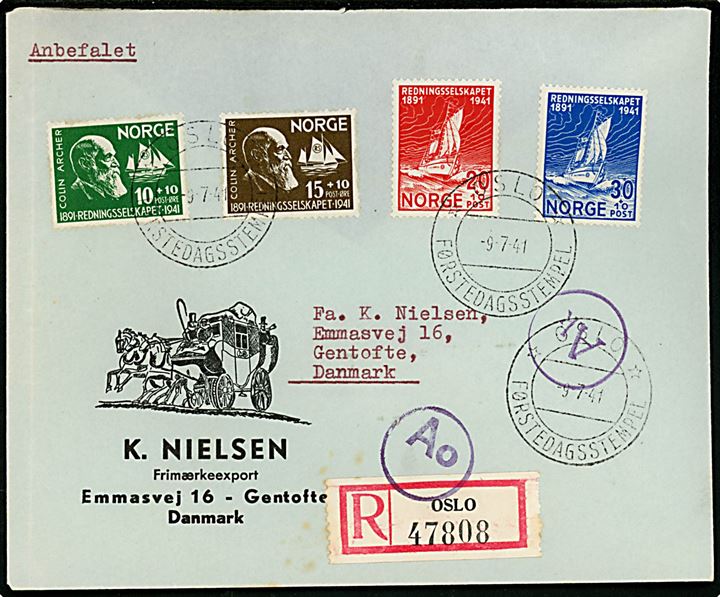 Redningsselskabet komplet på anbefalet FDC fra Oslo d. 9.7.1940 til Gentofte, Danmark. Cnesurstemplet Ao og Ak.