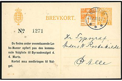 7+1 øre provisorisk helsagsbrevkort (fabr. 56-H) sendt lokalt i Holstebro d. 28.2.1921. Anvendt som valgkort ved byrådsvalget d. 4.3.1921.