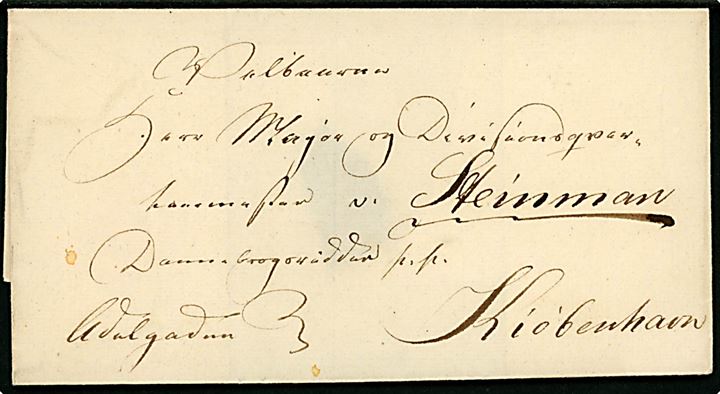1840'erne. Francobrev til Major v. Steinmann, Dannebrogsridder p.p. Adelgaden, Kjøbenhavn. 