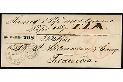 1876. Ufrankeret pakkefølgebrev med indhold og kombineret nr.stempel 58/Roeskilde d. 3.2.1876 til Fredericia. Påskrevet 36 øre porto.
