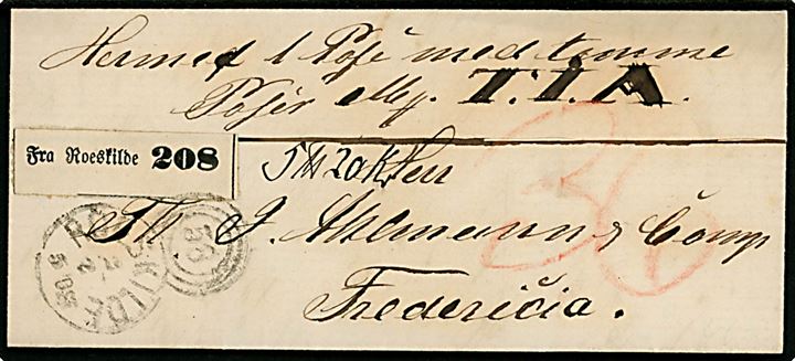 1876. Ufrankeret pakkefølgebrev med indhold og kombineret nr.stempel 58/Roeskilde d. 3.2.1876 til Fredericia. Påskrevet 36 øre porto.
