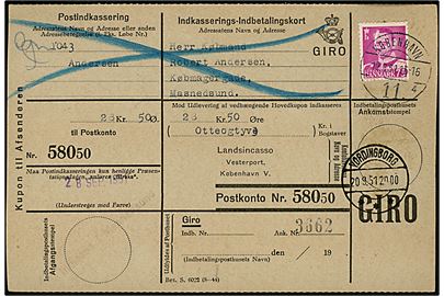 75 øre Fr. IX single på retur Indkasserings-Indbetalingskort fra København 11 d. 19.9.1951 til Vordingborg. Interessant, men svagt liniestempel: Indløses i Masnedsund.
