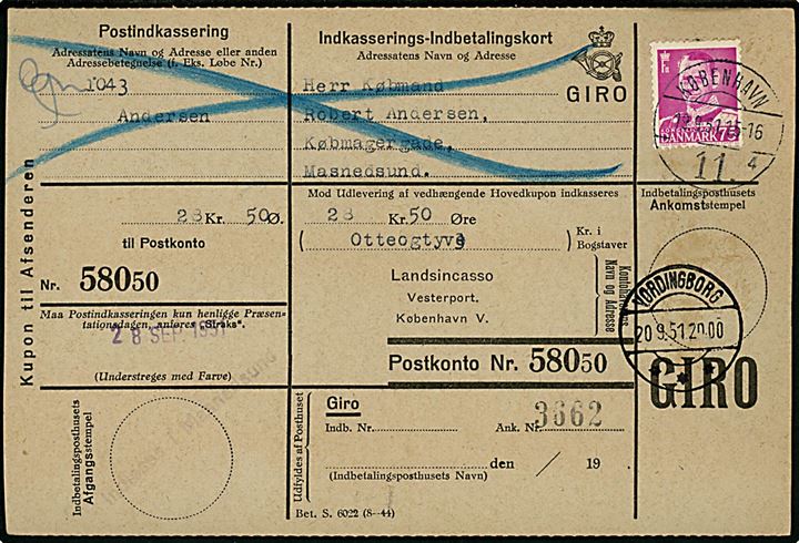 75 øre Fr. IX single på retur Indkasserings-Indbetalingskort fra København 11 d. 19.9.1951 til Vordingborg. Interessant, men svagt liniestempel: Indløses i Masnedsund.