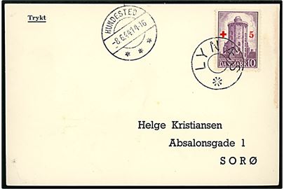 10+5 øre Røde Kors på filatelistisk tryksag annulleret med udslebet stjernestempel LYNÆS og sidestemplet Hundested d. 8.6.1944 til Sorø. Anvendt ca. 1 måned senere end registreret af Bendix/Skilling.