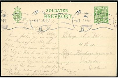5 øre Soldater-Brevkort dateret Orlogsværftet i Kjøbenhavn d. 4.7.1917 til svensk soldat ved Kungl. Kronobergs Regimente, Mohede, Småland, Sverige. Sjælden anvendelse af Soldater-Brevkort til udlandet.