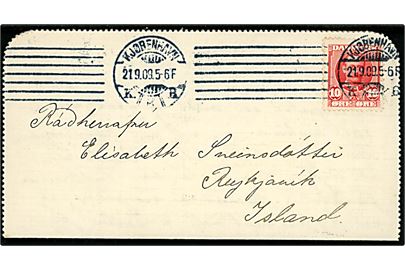 10 øre Fr. VIII på privat korrespondancekort fra Kjøbenhavn d. 21.9.1909 til Reykjavik, Island.
