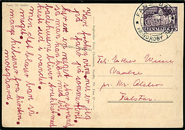 15 øre Frimærkejubilæum på brevkort annulleret med turist pr.-stempel Fanø Bad pr. Nordby Fanø / Skønne Badestrande d. ?3.7.1951 til Vaalse pr. Nørre Alslev.
