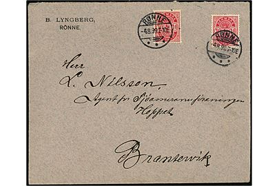 10 øre Våben (2) på brev fra Rønne d. 4.8.1899 via Kjøbenhavn og Cimbrishamn til Bransvik. Sverige.