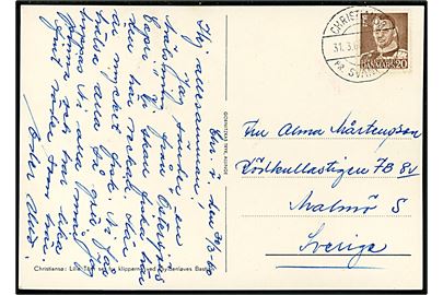 20 øre Fr. IX på brevkort (Lille Tårn, Christiansø) annulleret med pr.-stempel Christiansø pr. Svaneke d. 31.3.1960 til Malmö, Sverige.