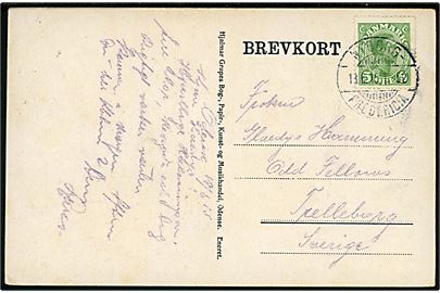 5 øre Chr. X på brevkort (Langesø ved Odense) annulleret med bureaustempel Nyborg - Fredericia T.52 d. 13.6.1915 til Trelleborg, Sverige.