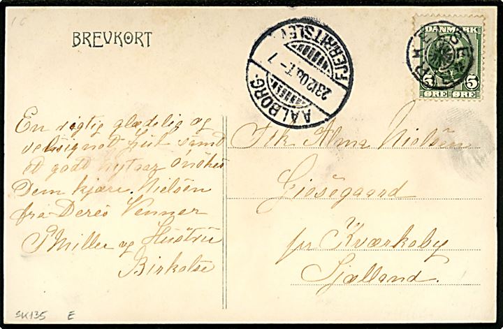 5 øre Chr. IX på julekort med glimmer annulleret med stjernestempel BIRKELSE og sidestemplet bureau Aalborg - Fjerritslev T.7 d. 23.12.1906 til Kværkeby.
