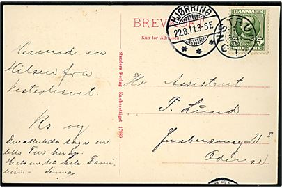 5 øre Fr. VIII på brevkort (Kysten ved Lønstrup) annulleret med stjernestempel LØNSTRUP og sidestemplet Hjørring d. 22.8.1911 til Odense.
