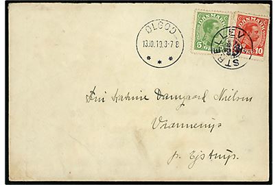 5 øre og 10 øre Chr. X på brev annulleret med stjernestempel STRELLEV og sidestemplet brotype IIIb Ølgod d. 13.10.1919 til Ejstrup.