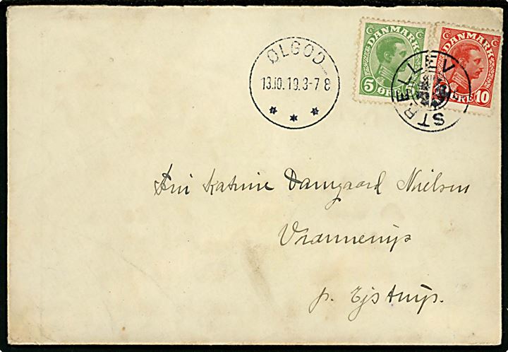 5 øre og 10 øre Chr. X på brev annulleret med stjernestempel STRELLEV og sidestemplet brotype IIIb Ølgod d. 13.10.1919 til Ejstrup.