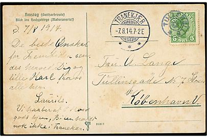 5 øre Chr. X på brevkort annulleret med stjernestempel TULLEBØLLE og sidestemplet Tranekjær d. 7.8.1914 til København.