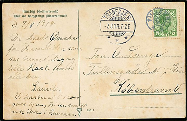 5 øre Chr. X på brevkort annulleret med stjernestempel TULLEBØLLE og sidestemplet Tranekjær d. 7.8.1914 til København.