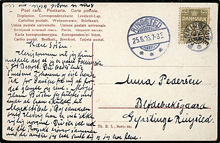 3 øre Bølgelinie på lokalt brevkort annulleret med stjernestempel FARRINGLØSE og sidestemplet Ringsted d. 25.6.1906 til Gyrstinge pr. Ringsted.