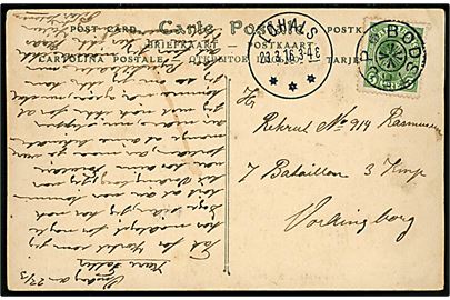 5 øre Chr. X på brevkort annulleret med stjernestempel BØDSTRUP og sidestemplet brotype IIIb Lohals d. 23.3.1916 til soldat ved 7. Bat. 3. Komp. i Vordingborg.