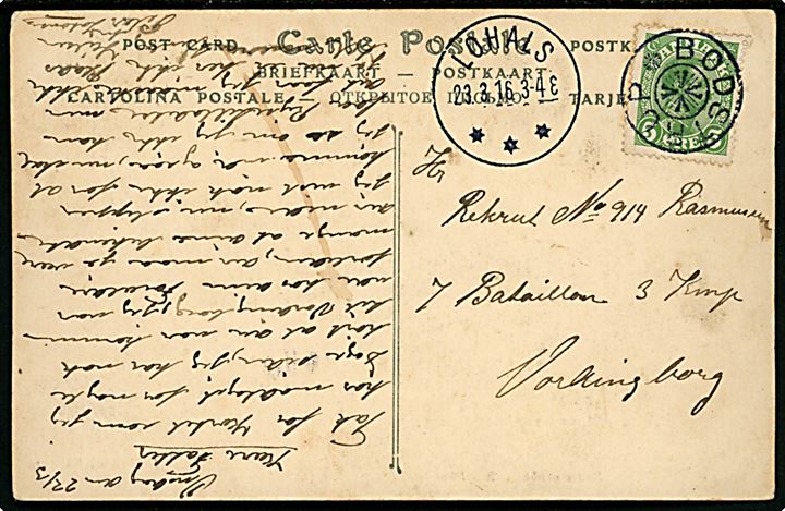 5 øre Chr. X på brevkort annulleret med stjernestempel BØDSTRUP og sidestemplet brotype IIIb Lohals d. 23.3.1916 til soldat ved 7. Bat. 3. Komp. i Vordingborg.