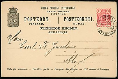 10 pen. helsagsbrevkort fra Tavastehus annulleret med bureaustempel Finska Postkupen No. 3 d. 30.10.1893 til Åbo. Nålehuller.
