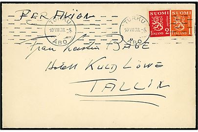 1 mk. og 2 mk. Løve på fortrykt kuvert fra Stockholms Rederiaktiebolag Svea sendt som luftpost fra Turku d. 10.8.1938 til Tallinn, Estland.