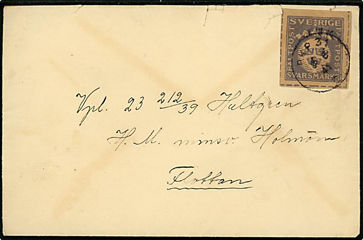 Fältpost Svarmärke frankeret brev fra Hälsingborg annulleret med bureaustempel PKP 31 (= Hälsingborg - Hässleholm) d. 8.6.1941 til sømand ombord på H. M. Minsv. Holmön, Flottan.