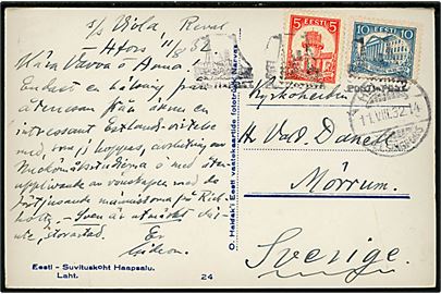 5 s. og 10 s. Tartu/Dorpat Universitet på brevkort dateret ombord på S/S Viola io Reval annulleret med finsk skibsstemepel og sidestemplet Helsingfors d. 11.8.1932 til Mörrum, Sverige.