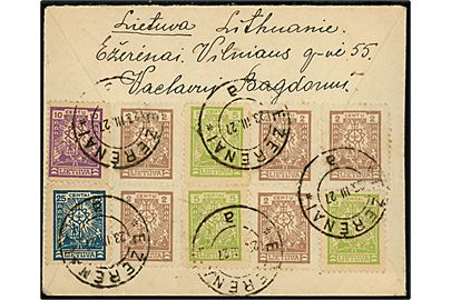 2 c. (5), 5 c. (3), 10 c. og 25 c. på 60 c. frankeret brev fra Ezerenai d. 23.3.1927 til København, Danmark.
