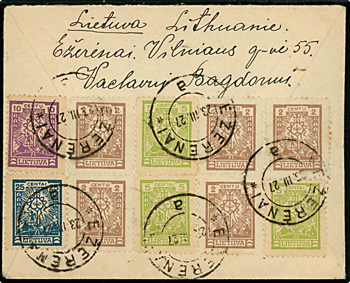 2 c. (5), 5 c. (3), 10 c. og 25 c. på 60 c. frankeret brev fra Ezerenai d. 23.3.1927 til København, Danmark.