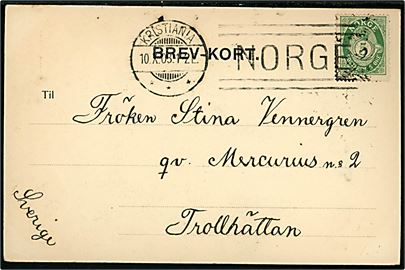 5 øre Posthorn på brevkort annulleret med maskinstempel Kristiania *** / NORGE d. 10.10.1903 til Trollhättan, Sverige.