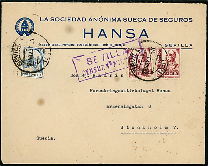 25 cts. Isabel (2) og 5 cts. Pro Sevilla på brev fra Sevilla d. 20.11.1937 til Stockholm, Sverige. Lokal spansk censur i Sevilla.