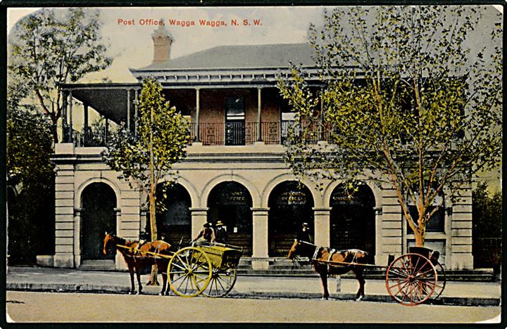 New South Wales ½d Victoria og 1d Våben på brevkort (Wagga Wagga Post Office) annulleret Wagga Wagga N.S.W. d. 5.1.1912 til Aalborg, Danmark.