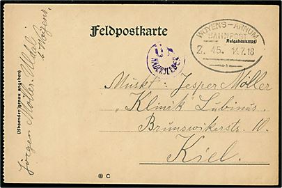 Ufrankeret feltpostkort fra Uldal pr. Woyens med bureaustempel Woyens - Arnum Bahnpost Zug 45 d. 14.7.1918 til soldat i Kiel. Violet censurstempel: Ü K Hadersleben.