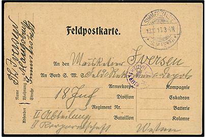 Ufrankeret feltpostkort stemplet Simmerstedt *(Schleswig)* d. 18.10.1916 til sønderjysk soldat i 18 Inf. Regiment på vestfronten. Violet censurstempel Ü K. Hadersleben.