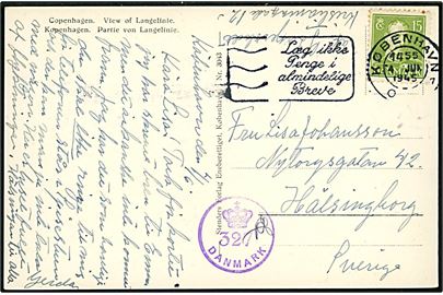 15 øre Chr. X på brevkort annulleret København d. 4.6.1945 til Hälsingborg, Sverige. Dansk efterkrigscensur (krone)/327/Danmark med håndskrevet signatur.