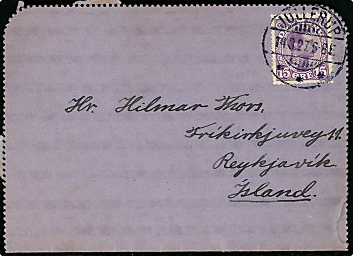 15 øre Chr. X på privat korrespondancekort fra Jullerup d. 14.3.1927 til Reykjavik, Island.