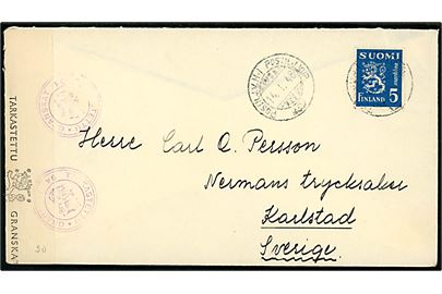 5 mk. Løve single på brev fra Miehikkälä annulleret med 2-sproget bureaustempel Postilj.v. H-I Postilj.Kup. d. 14.1.1946 til Karlstad, Sverige. Åbnet af finsk censur no. 94.