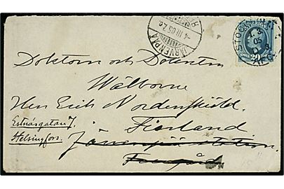 20 öre Oscar II på brev fra Stockholm d. 1.3.1905 til Docent Dr. Erik Nordenskiöld i Järvenpää, Finland - eftersendt til Helsingfors.