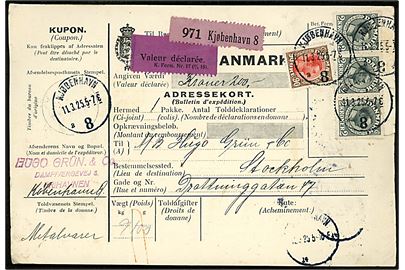 90 øre og 2 kr. (3-stribe) Chr. X på internationalt adressebrev for værdipakke fra Kjøbenhavn 8 d. 11.3.1925 til Stockholm, Sverige. Folder.