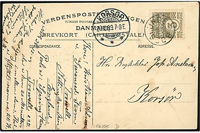 3 øre Bølgelinie på brevkort annulleret med stjernestempel BOESLUNDE og sidestemplet Korsør d. 26.12.1909 til Korsør.