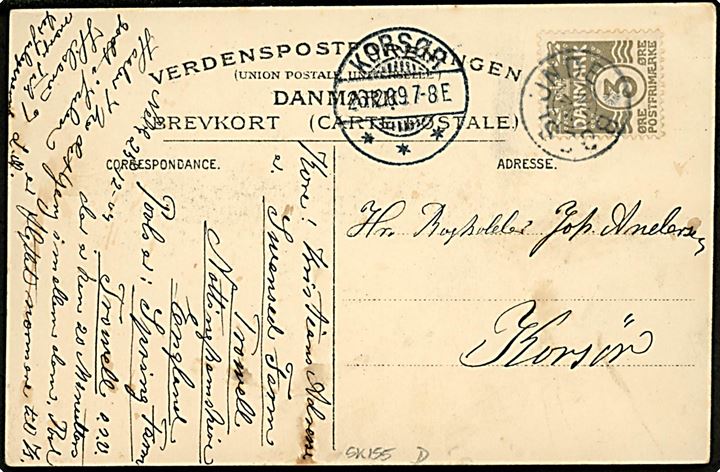 3 øre Bølgelinie på brevkort annulleret med stjernestempel BOESLUNDE og sidestemplet Korsør d. 26.12.1909 til Korsør.