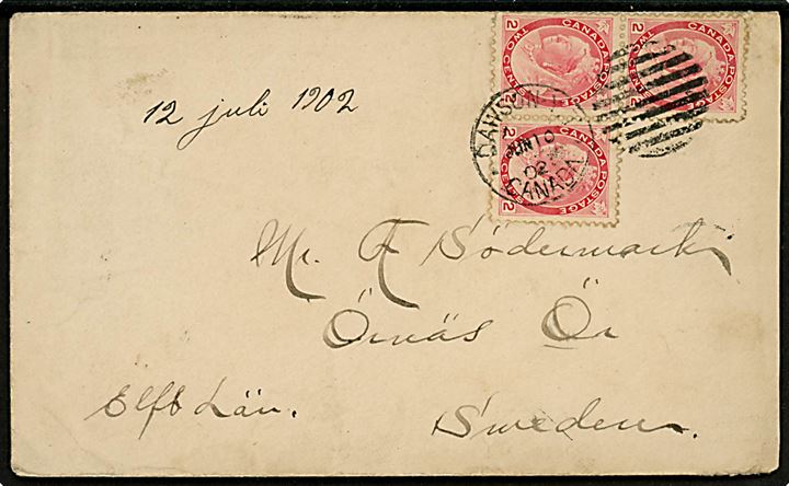 2 cents Victoria (3) på brev annulleret Dawson Y.T. Canada d. 10.6.1902 via Vancouver d. 20.6.1902 til Örnäs, Sverige. Dawson City i Yukon Territory var hovedbyen for det store guldeventyr i Klondyke 1896-1899. 