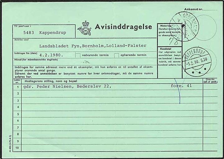 Formular Avisinddragelse M403 (3-72 A5) stemplet København Avispost sn1 d. 4.2.1980 til Kappendrup.