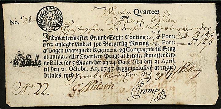 1747. Qvarter seddel fra Kjøbenhavn for officer Capt. von der Osten Junr. ved Grenadier Corps.