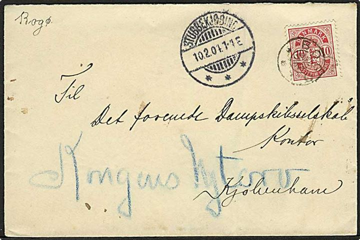 10 øre Våben på brev annulleret med stjernestempel BOGØ og sidestemplet Stubbekjøbing d. 10.2.1904 til København.
