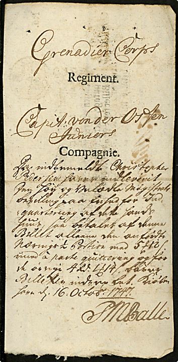 1747. Qvarter seddel fra Kjøbenhavn for officer Capt. von der Osten Junr. ved Grenadier Corps.