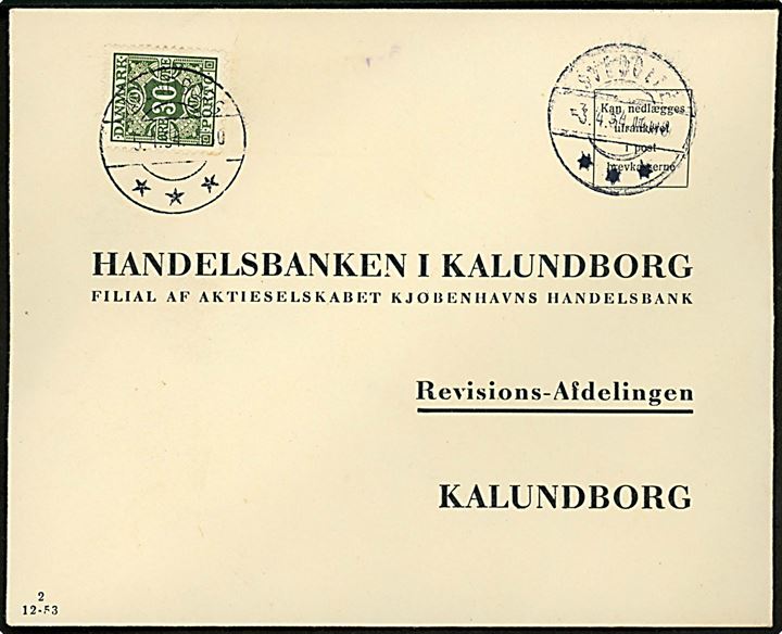 Ufrankeret svarkuvert fra Svebølle d. 3.4.1954 til Kalundborg. Udtakseret i enkeltporto med 30 øre Portomærke stemplet Kalundborg d. 5.4.1954.