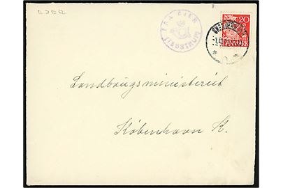20 øre Karavel på brev annulleret Skanderborg d. 1.10.1941 og sidestemplet med posthornstempel FRA EJER (TEBSTRUP) til København.