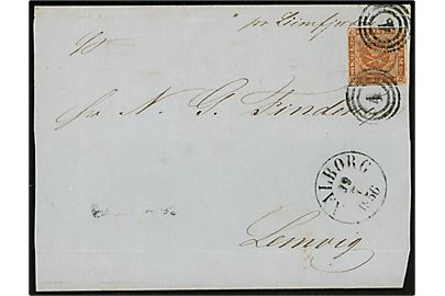 4 sk. 1854 udg. på BREVFORSIDE påskrevet pr. Limfjorden annulleret med nr.stempel 4 og sidestemplet antiqua Aalborg d. 19.7.1856 til Lemvig.