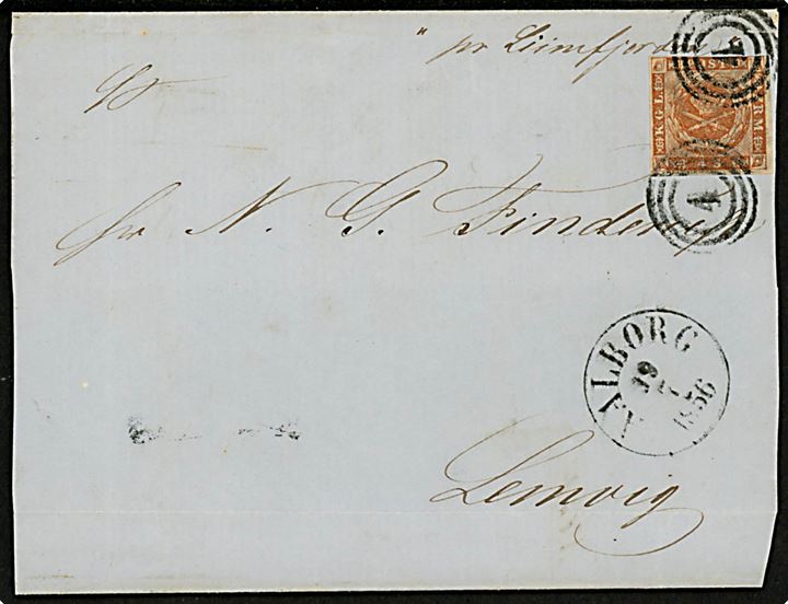 4 sk. 1854 udg. på BREVFORSIDE påskrevet pr. Limfjorden annulleret med nr.stempel 4 og sidestemplet antiqua Aalborg d. 19.7.1856 til Lemvig.